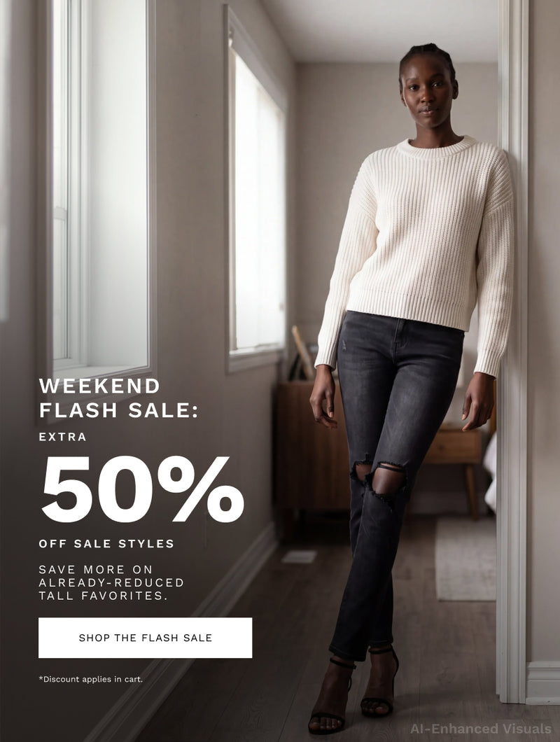 Weekend flash sale banner advertising an extra 50% off sale styles, featuring a model wearing a white sweater and black ripped jeans, with a Shop the Flash Sale button.