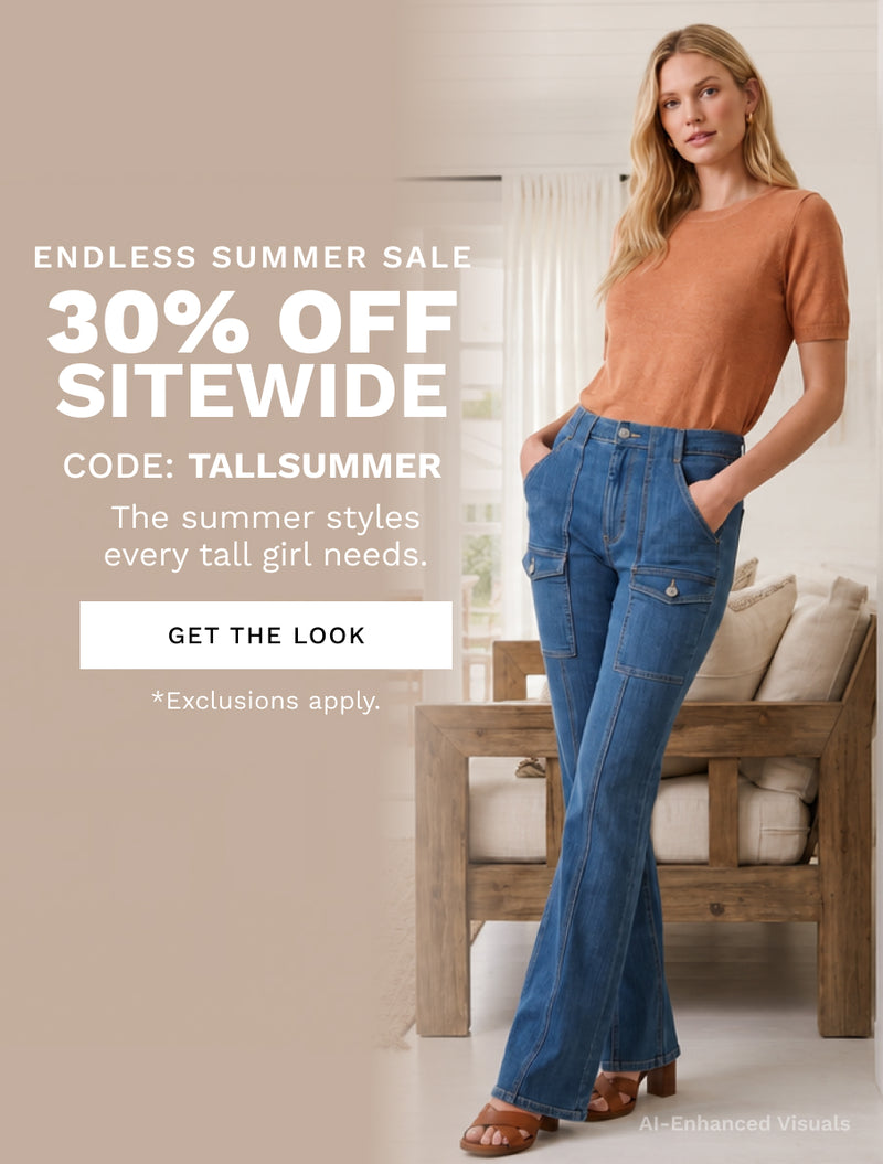 A promotional ad featuring a woman modeling a rust orange short-sleeve top and blue flare jeans in a bright indoor setting, with large text on the left reading 'ENDLESS SUMMER SALE 30% OFF SITEWIDE' and 'CODE: TALLSUMMER'.