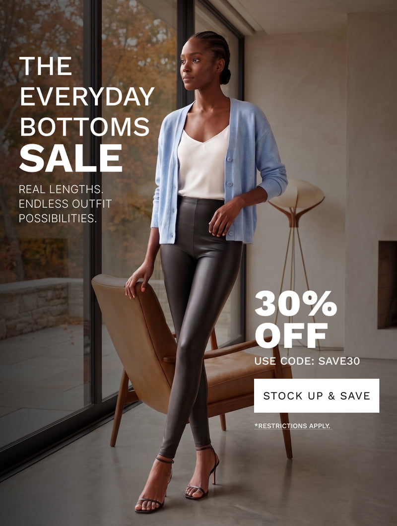 A promotional banner featuring a woman standing indoors near large windows, holding a tan chair, with sale text reading 'THE EVERYDAY BOTTOMS SALE' and '30% OFF USE CODE: SAVE30 STOCK UP & SAVE'.