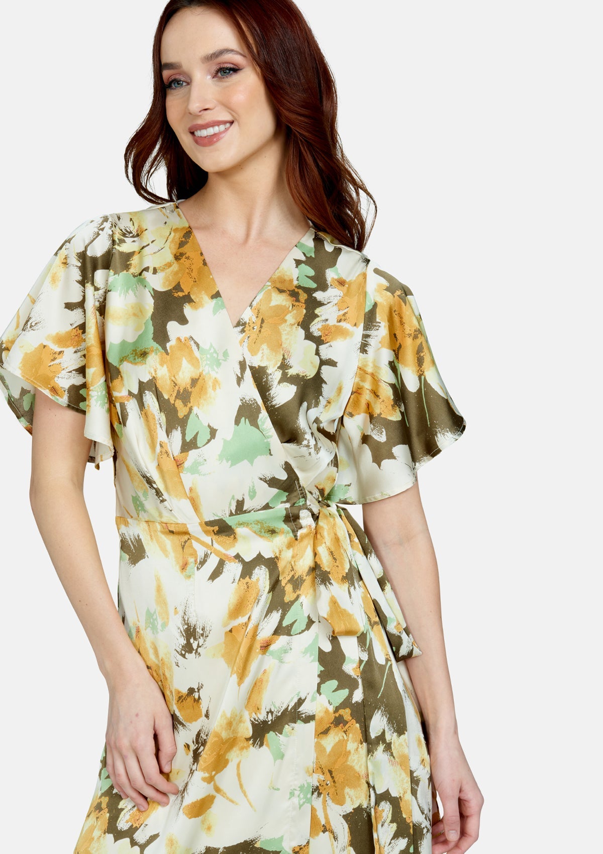 mustard yellow floral wrap dress Mustard Floral Block Print Cotton Ruffle Midi Wrap Dress 36" / Petite (5'1" and below)
